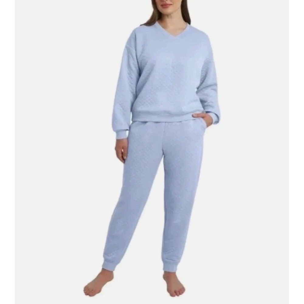 Lands' End Light Blue Quilted V-Neck Sweatshirt and Joggers Lounge Set 2 pc sz S